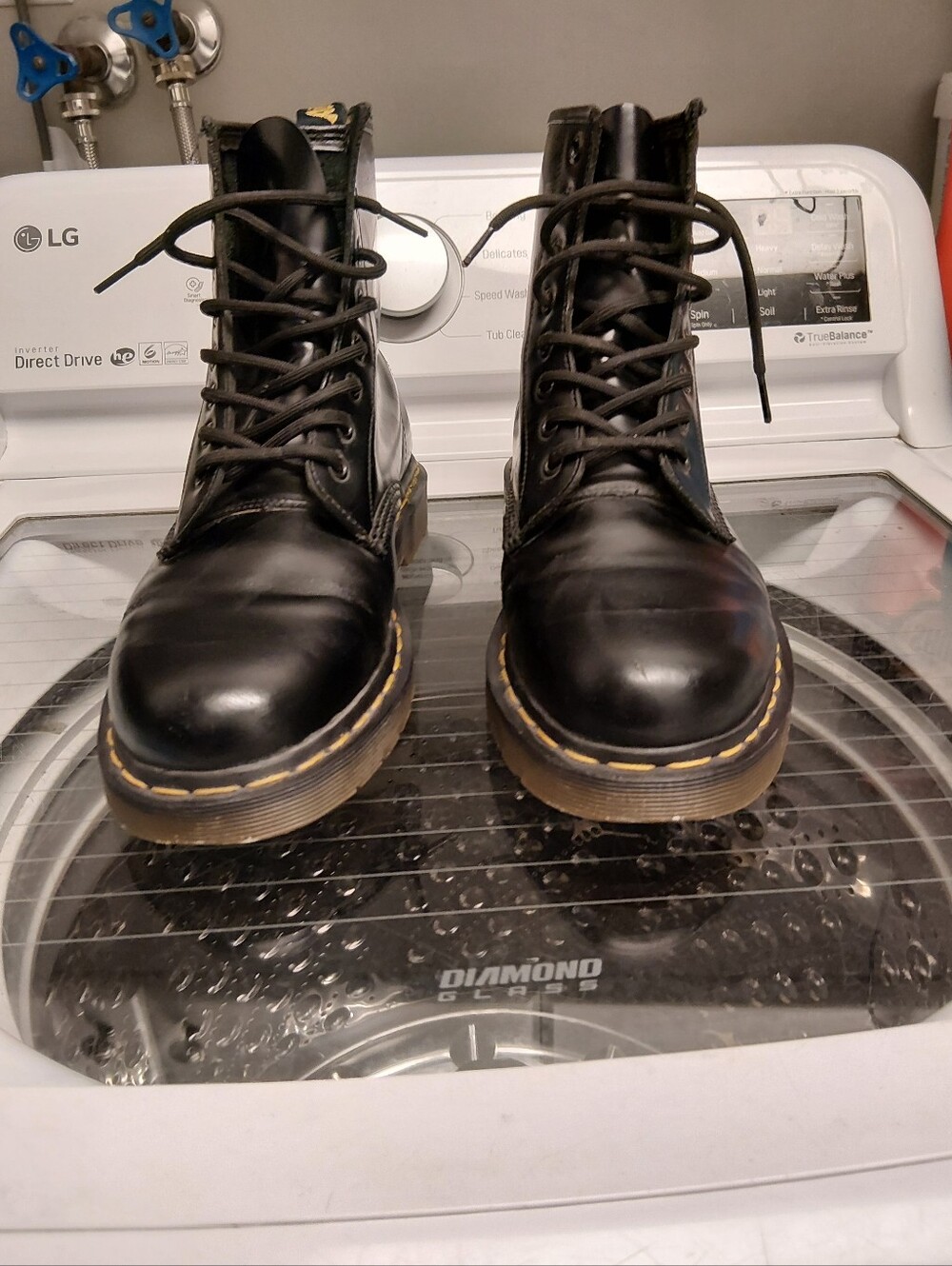 Dr. Martens Black Smoot Leather Lace-Up 8-Eye Combat Boots with Yellow Stitching